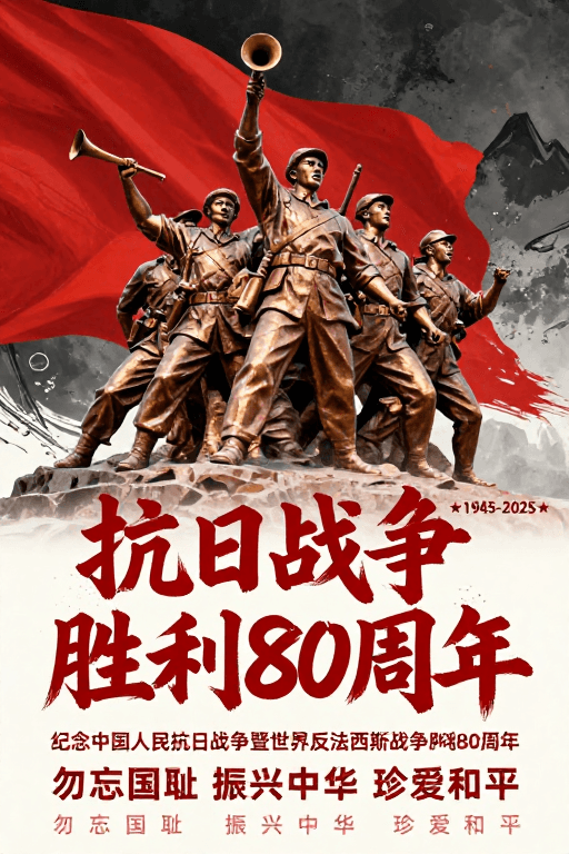中国风素材：青铜群雕与红旗：抗战胜80周年纪念海报