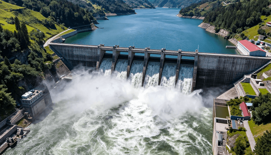 针叶林景观素材：碧蓝水库与湍急白浪：混凝土水坝泄洪全景