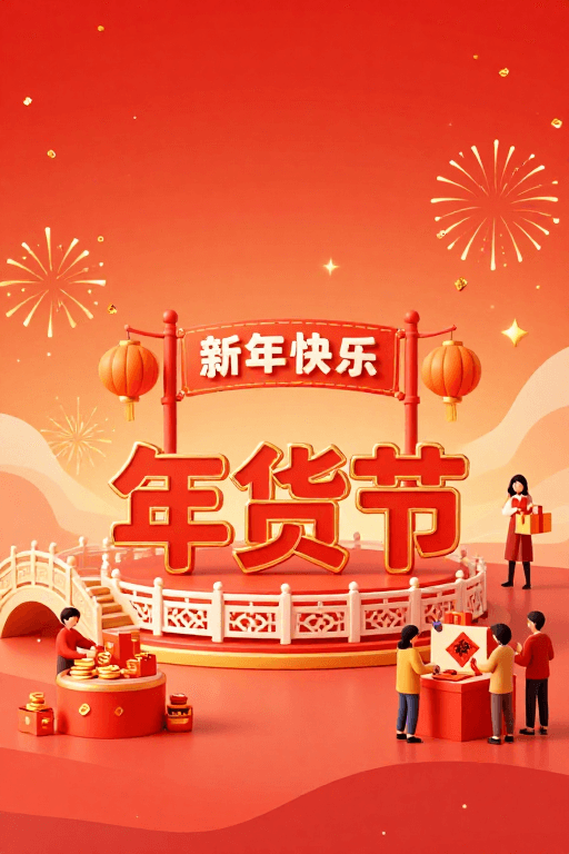 喜庆节日素材：喜庆年货节：橙红立体插画背景