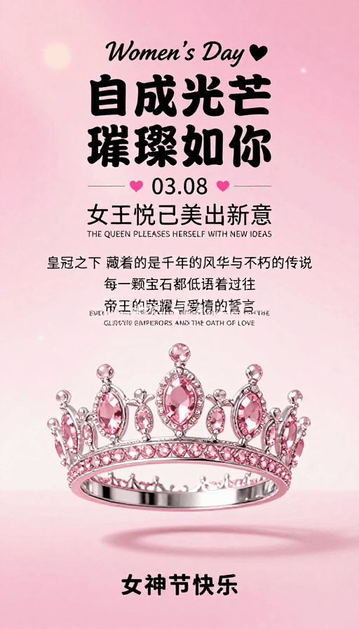 粉金配色素材：妇女节梦幻皇冠海报：璀璨如你的女王力量
