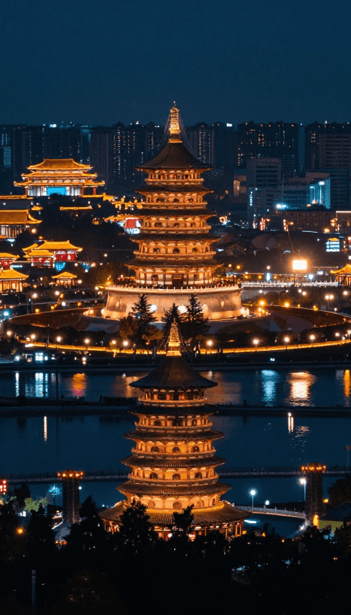历史感素材：盛唐长安灯火辉煌：高山俯瞰的壮丽夜景