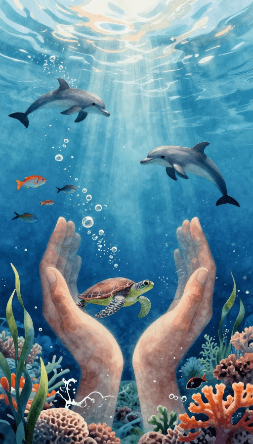 希望氛围素材：深海守护：海洋生态平衡与人类责任的写实插画
