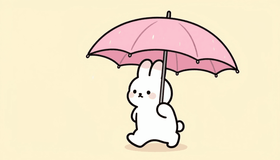二次元插画素材：米黄背景下的日本动画风小白兔撑伞雨中漫步