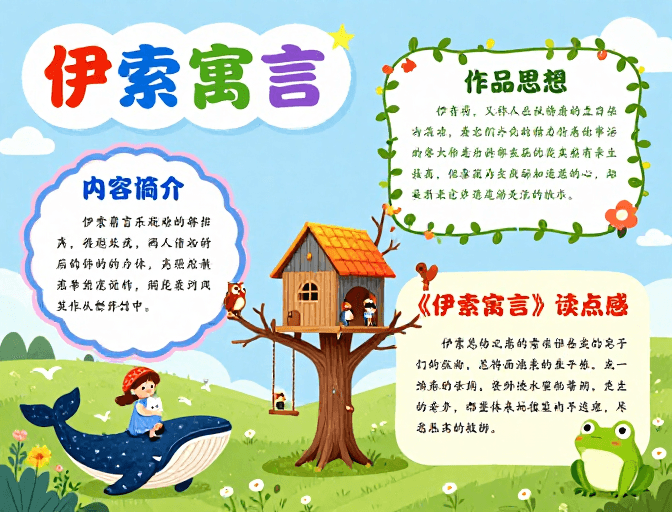 手绘艺术素材：伊索寓言儿童教育插画：清新田园风手抄报设计