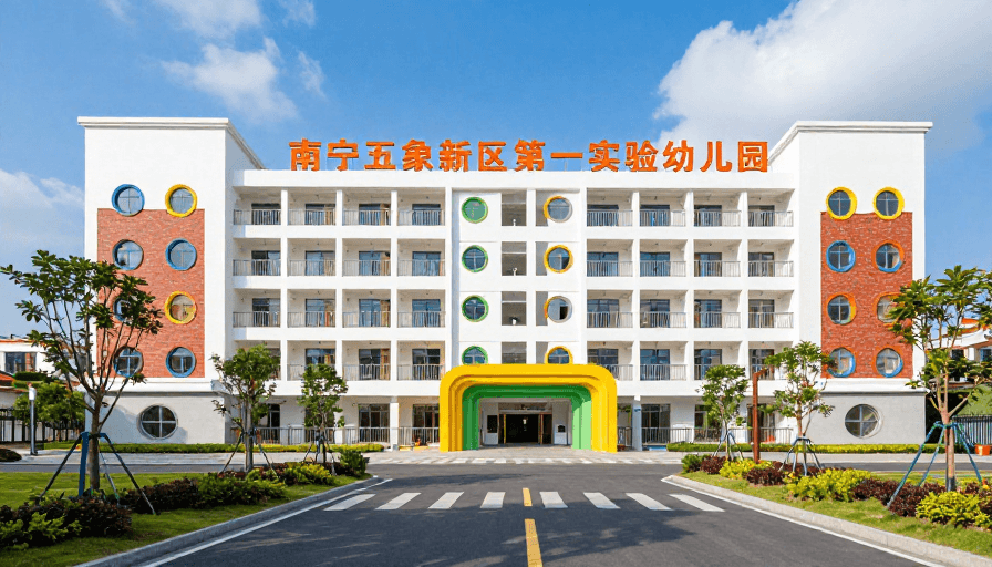 色彩鲜明素材：现代校园建筑与活力色彩：南宁幼儿园全景实拍