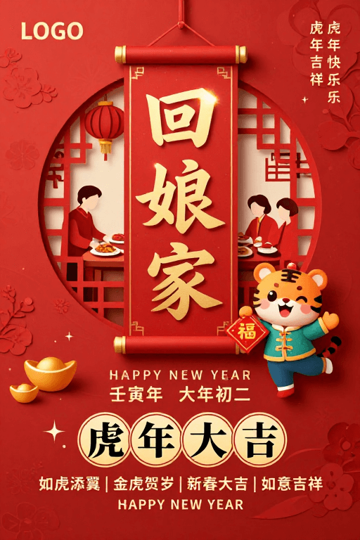 虎年吉祥物素材：剪纸中国风新年海报：团圆与吉祥