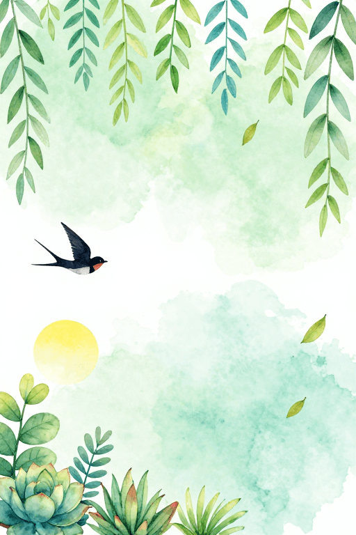 春日主题素材：清新水彩燕子飞翔与春日生机背景插画