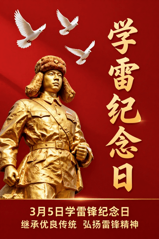 雷锋精神素材：金色雷锋·红色致敬：学雷锋纪念日庄严海报