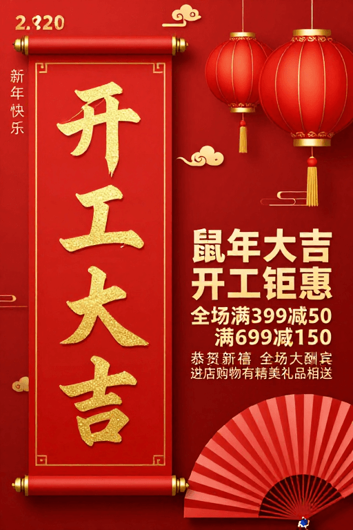 春节元素素材：中国红金配色新年开工喜庆促销海报