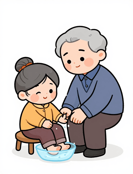 Q版形象素材：爷爷为奶奶洗脚 温馨卡通Q版画