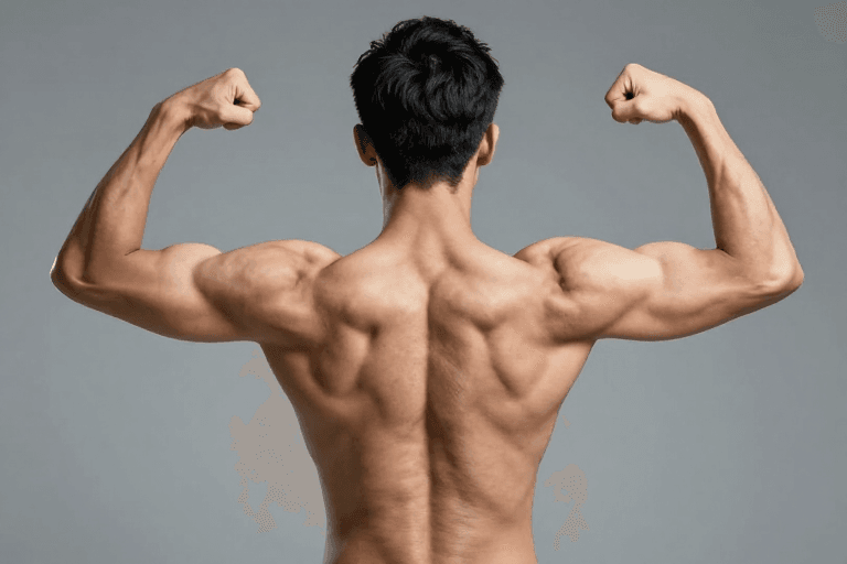灰背景摄影素材：背部肌肉艺术：冷调光影下的健硕男性