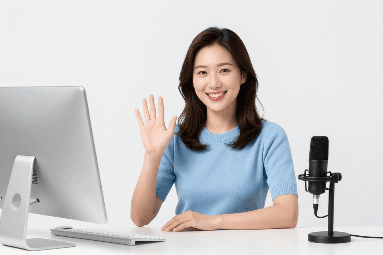 办公场景素材：亚洲女性办公微笑挥手，专业形象展示