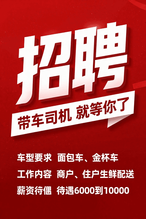 红色背景素材：现代立体风招聘海报：带车司机高薪诚聘