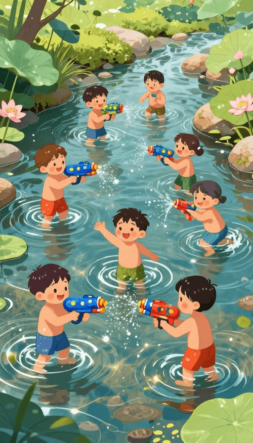 插画艺术素材：夏日欢歌：童趣水枪戏溪插画