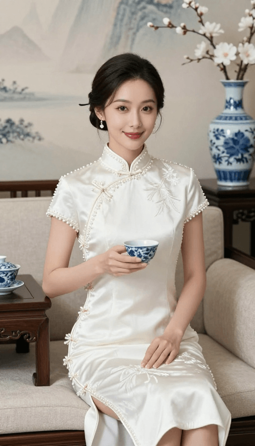 中式旗袍素材：青花瓷韵中式美人：优雅国风肖像
