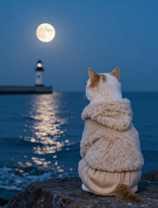社交头像素材：月光灯塔下的萌宠：夜晚海边静谧守望