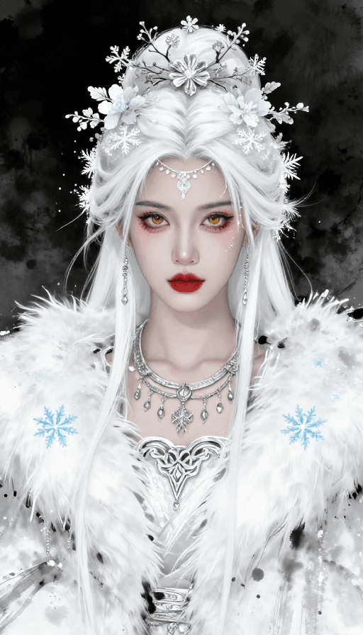 冰雪装饰素材：冰神凝雪：水墨幻境中的神秘古女