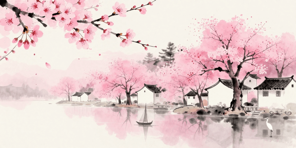 传统插画素材：水墨樱花意境：东方春日诗意画卷