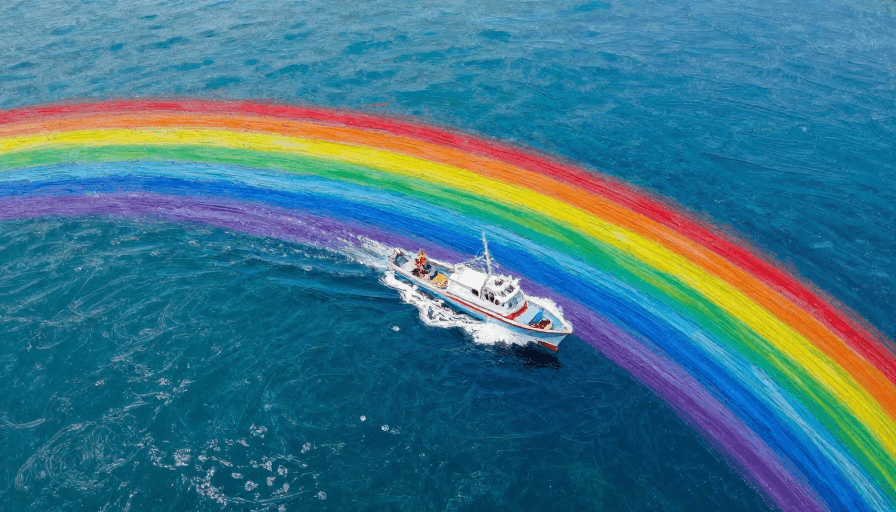高分辨率素材：彩虹海上的蜡笔船影：油画与实景交融