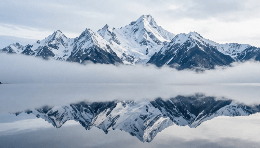 湖泊倒影素材：雪山云海倒影湖景：冷调摄影艺术