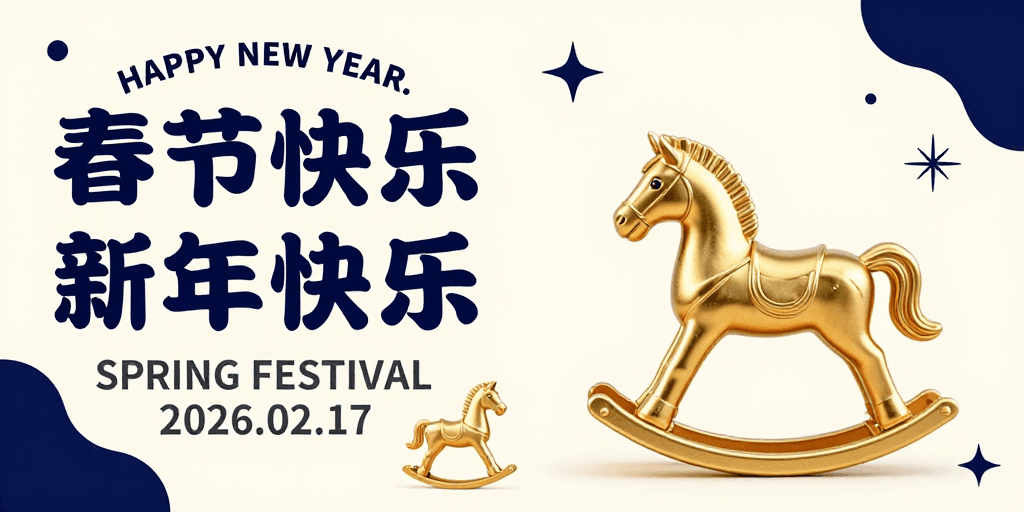 春节主题素材：深蓝米白春节海报：立体金摇马的复古现代美学