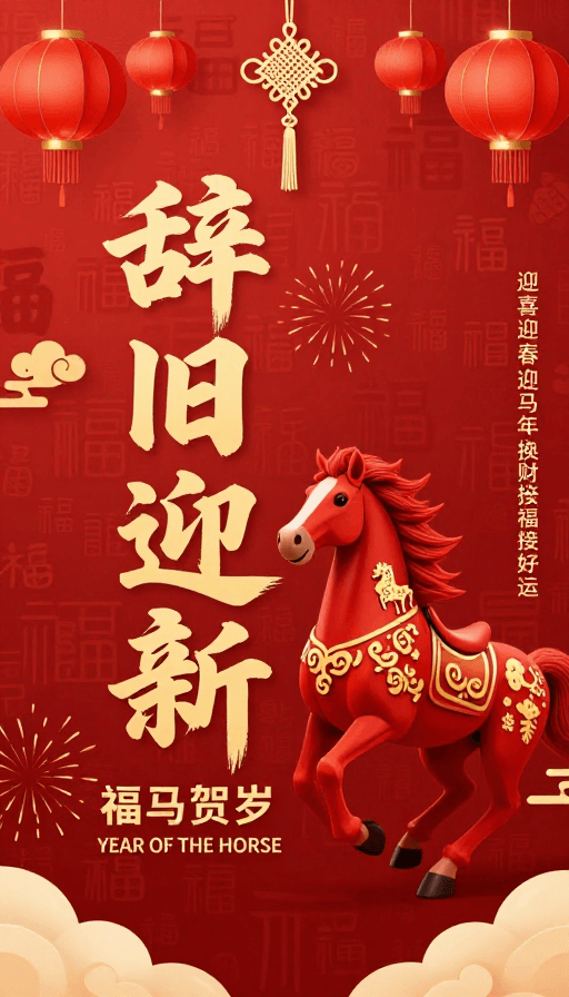 动态元素素材：红金中国风马年海报，融合传统书法与动态骏马，现代节庆氛围