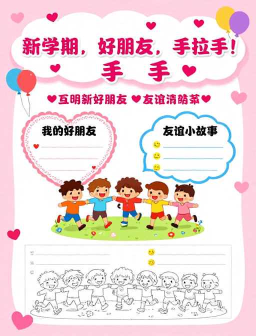 粉色调插画素材：粉色调温馨校园手抄报，新学期友谊手拉手