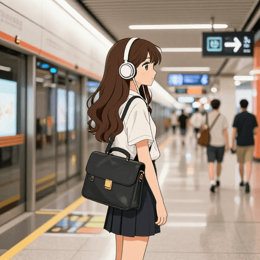 动漫插画素材：夏日地铁站台的甜美职业女孩插画