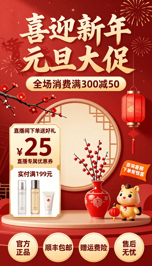春节元素素材：新年元旦大促：官方正品 满额减现享好礼
