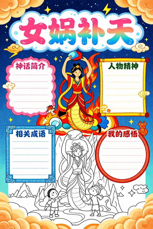 填色模板素材：童趣中国神话插画：女娲补天科普海报