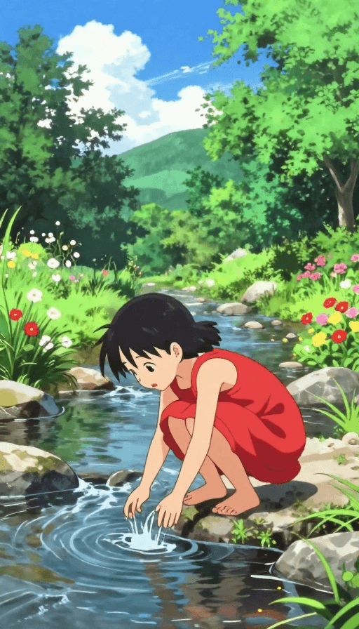 蓝天绿树素材：夏日红裙少女溪边嬉戏：日系清新动漫风