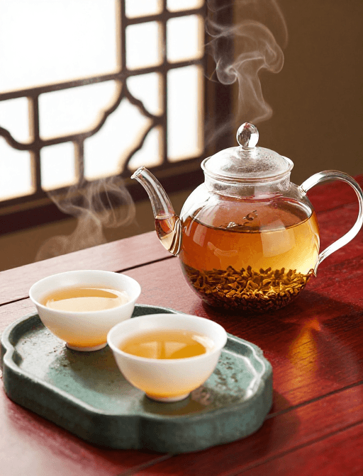 古典美学素材：古韵茶香：红木桌上的剔空玻璃壶与琥珀茶汤