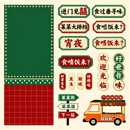平面设计素材：怀旧港风美食市集平面素材集：暖色调招牌设计