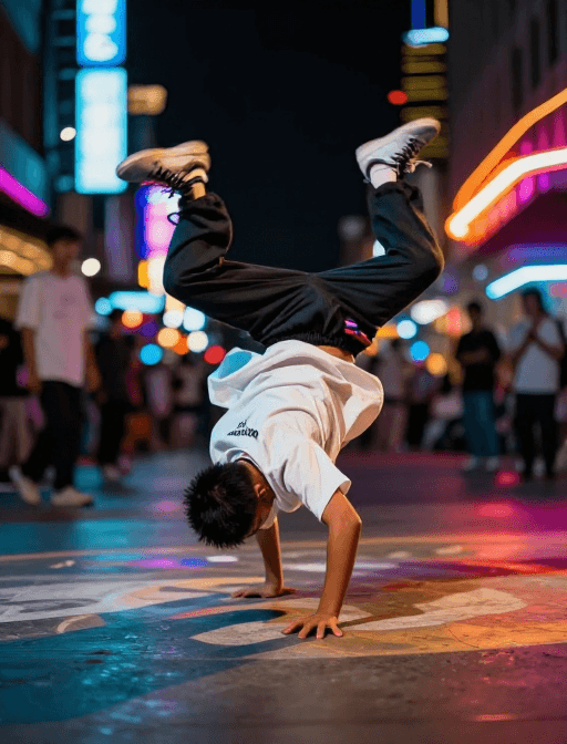 霓虹灯光素材：慢门街舞少年：霓虹光影下的动感瞬间