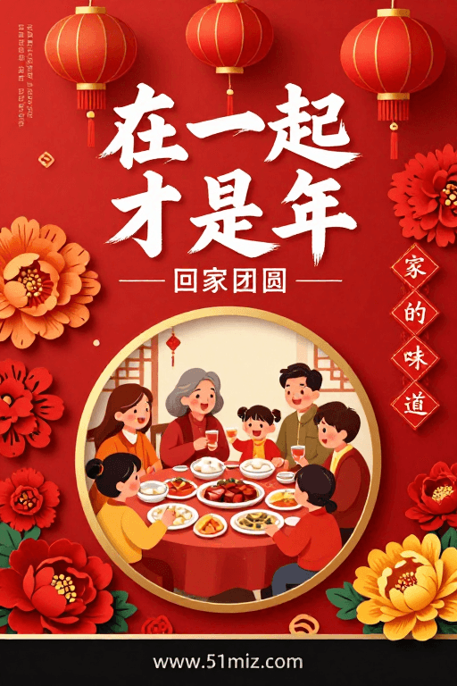 中国风插画素材：红色中国风春节团圆家庭插画海报