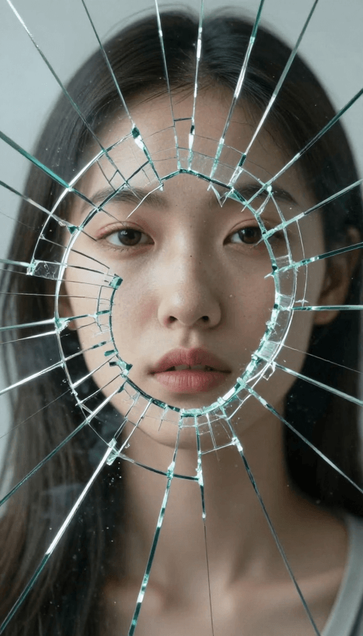 超现实主义素材：破碎凝视：玻璃裂痕下的面部冲击艺术
