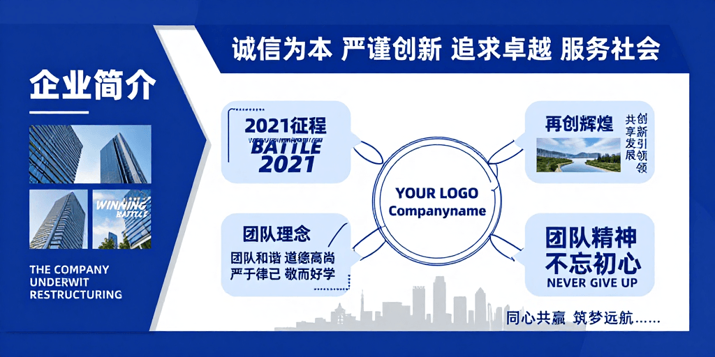 专业稳重素材：蓝色科技商务：企业重组与未来愿景宣传海报