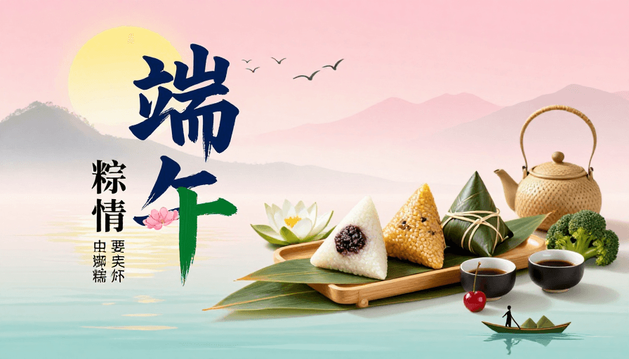 清新雅致素材：粉金渐变端午海报：粽叶茶盏映晨光