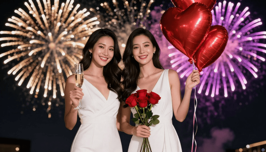 烟花绽放素材：双生美人在璀璨烟火中举杯共庆浪漫时刻