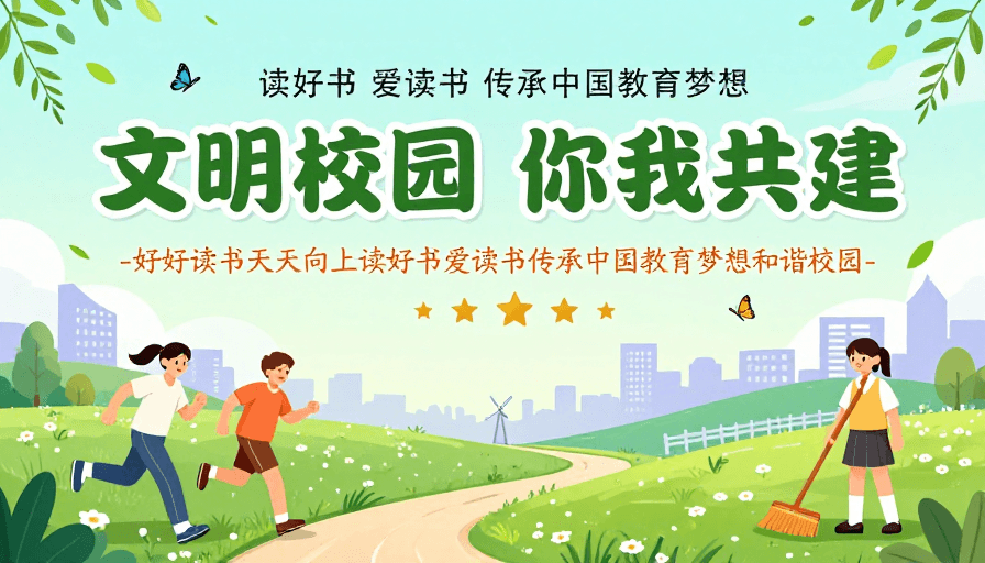 绿色渐变素材：文明校园共建，清新活力公益插画海报