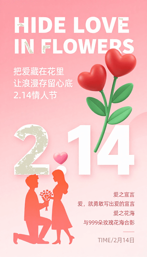 情侣剪影素材：情人节主题：现代浪漫轻拟物2.14海报