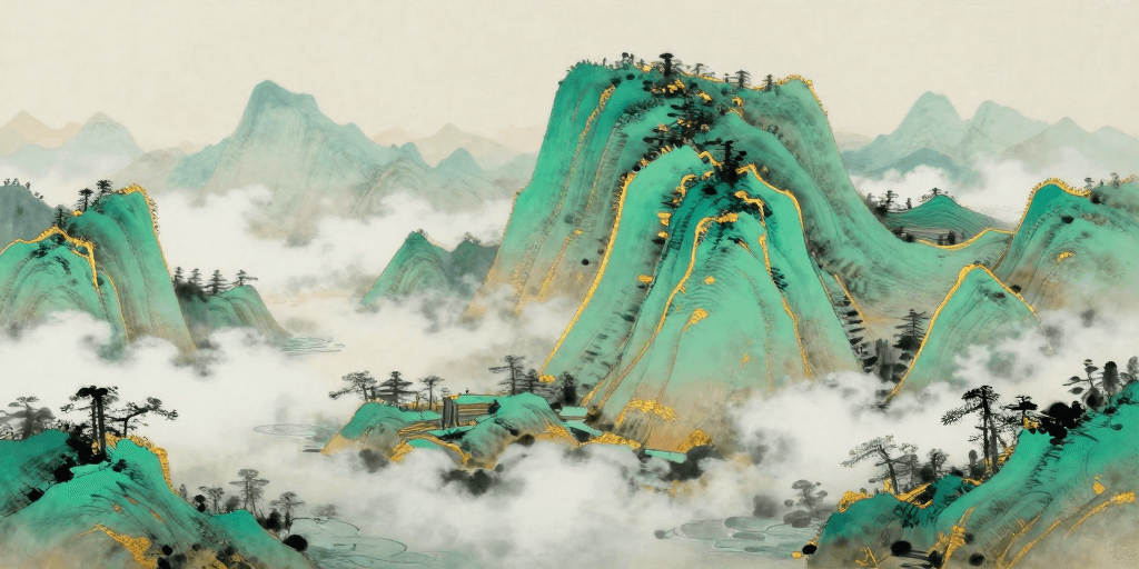 山水画素材：青金交融：中国山水意境水墨插画