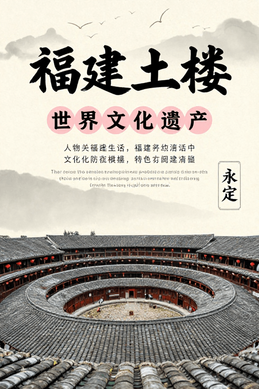 建筑摄影素材：福建土楼：水墨风文化遗产宣传海报