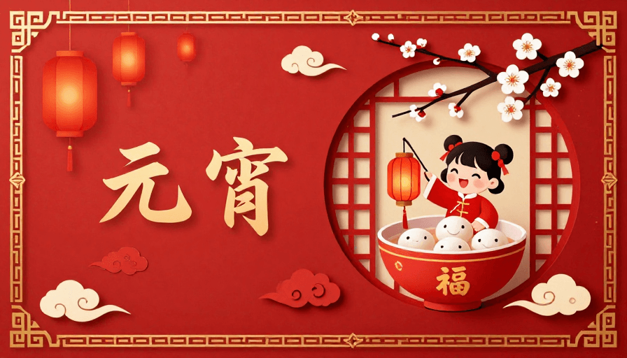 春节素材：喜庆红春节传统剪纸风元宵童趣海报