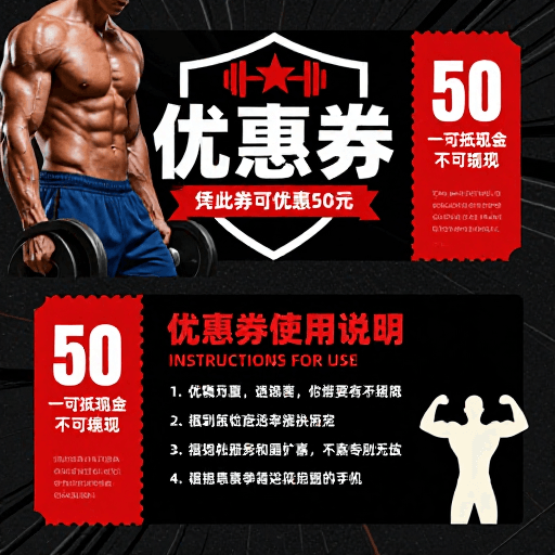 折扣规则说明素材：硬核健身券：黑红工业风强力折扣海报