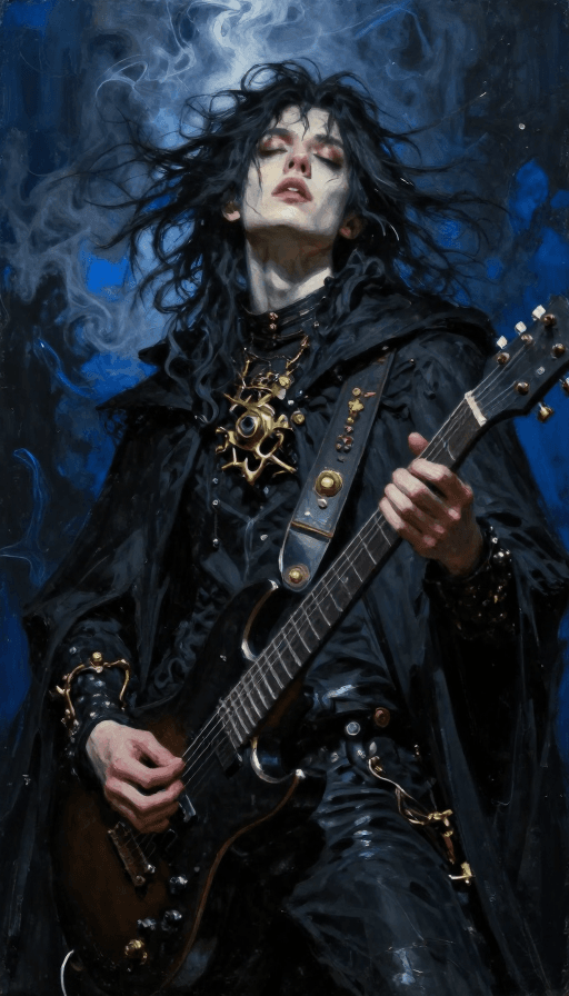 高对比度光影素材：暗黑蒸汽朋克摇滚青年沉醉演奏
