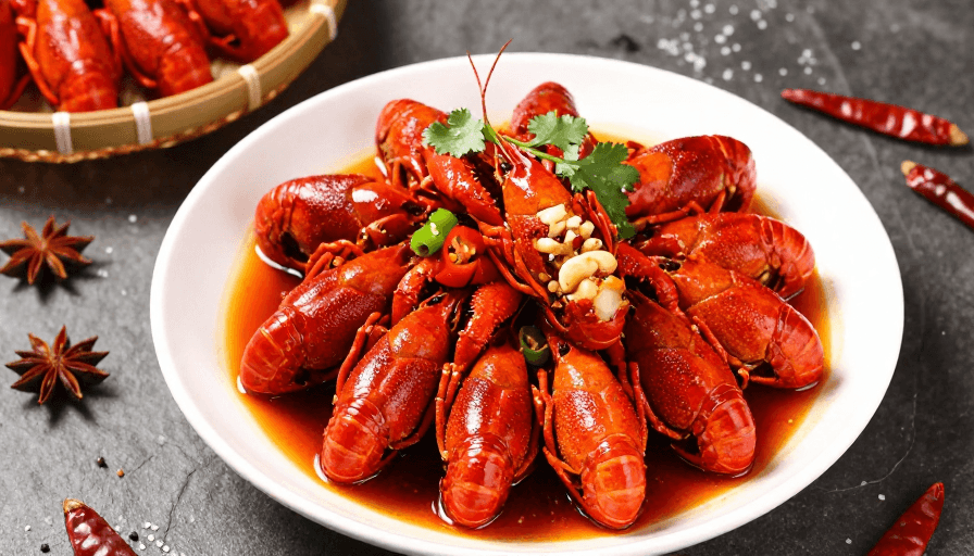 美食摄影素材：麻辣小龙虾鲜香诱人，暖光下尽显美味