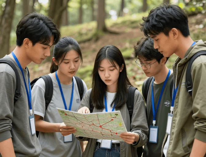 光影层次素材：团队协作野外探险：五人在林间地图规划路线