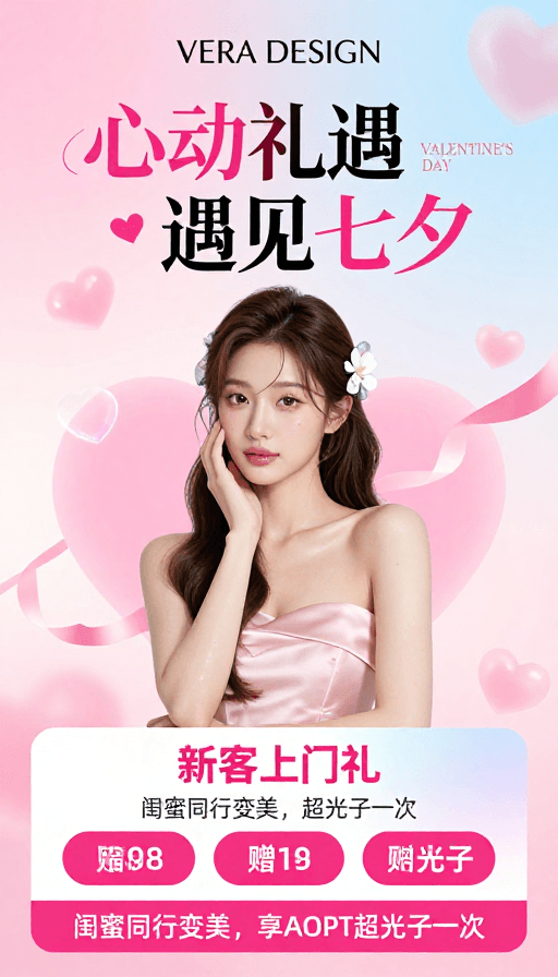 粉蓝渐变素材：VERA DESIGN七夕美妆促销：心动礼遇邂逅浪漫