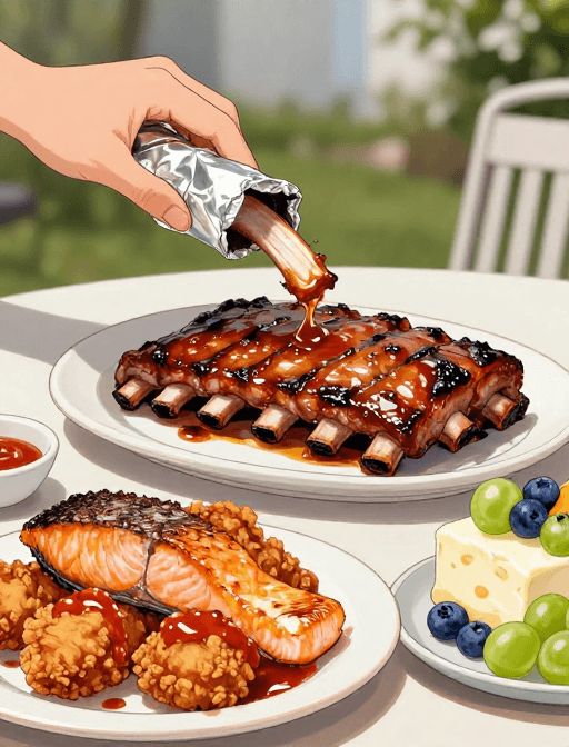 户外美食素材：精致户外美食插画：轻奢烧烤与海鲜的诱惑